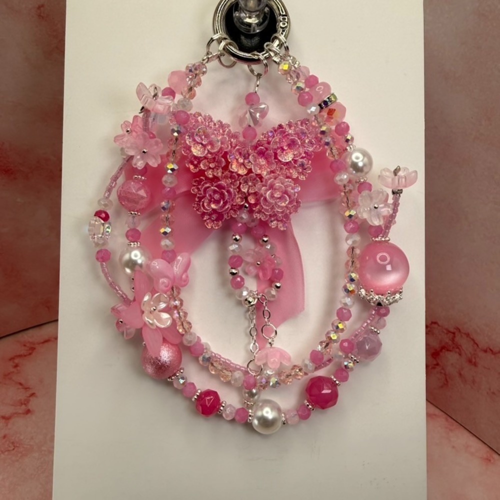 Flower Butterfly Pink Crystal Beaded Coquette Phone Wristlet Charm Premium